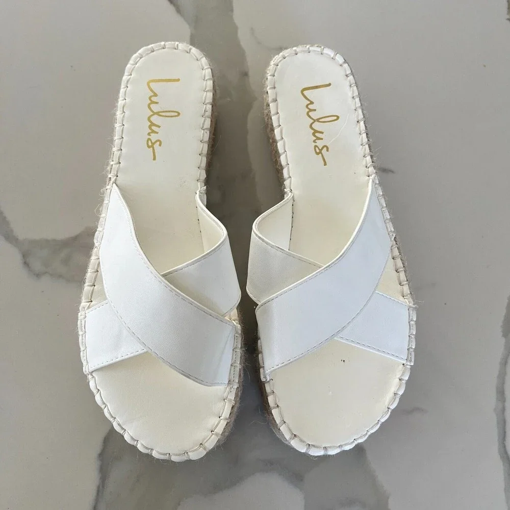 Lulus Womens Espadrille Sandals White Kahli Platform Slip On Boho Shoes Sz 6.5